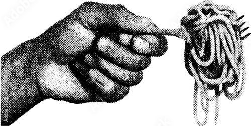 Hand holding a fork with spaghetti in a vintage engraving style. Black and white outline vector illustration set.