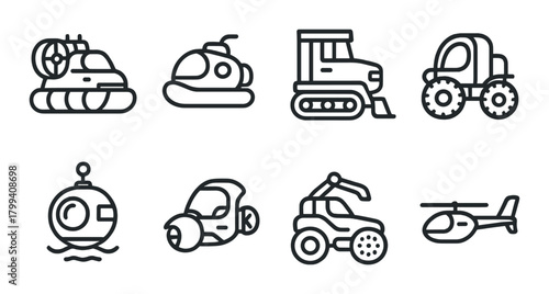 Vector icons of various vehicles: submarines, bulldozer, buggy, helicopter