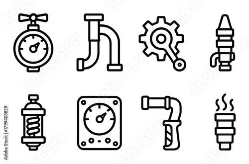 Industrial icons set: stopwatch, pipes, gears, drills on grayscale background