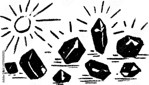 Crystals and stones. Simple black and white vector illustration featuring various geometric shapes illuminated by sunlight, perfect for a set.
