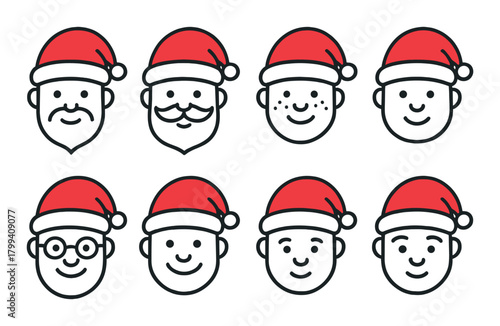 Cartoon santa faces with diverse features wearing red santa hats