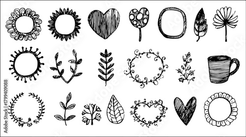 Set of flower and leaf sketches in black and white. Decorative vector illustrations feature unique outlines in a minimal art style.