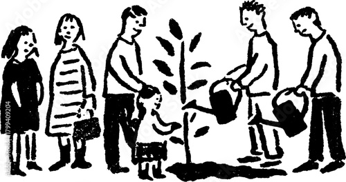 People watering a plant in a garden. Simple black and white vector illustration showing a community working together to promote growth as a set.