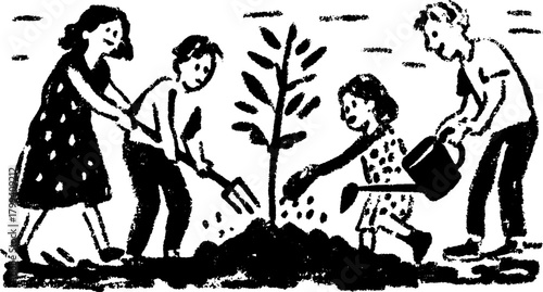 Children planting a tree in a gardening activity. Family working together outdoors in a black and white vector illustration set.