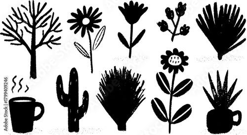 Silhouette illustrations of various plants, including flowers and cacti. Hand-drawn black outline art in a unique vector style set.