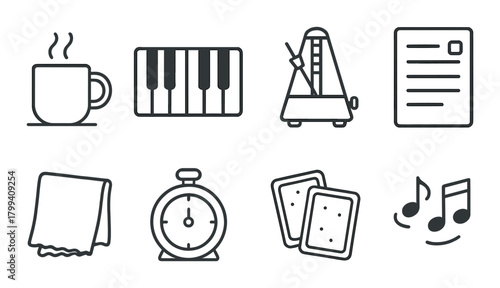 Musical elements: coffee, piano, metronome, sheet, towel, timer, cards, notes