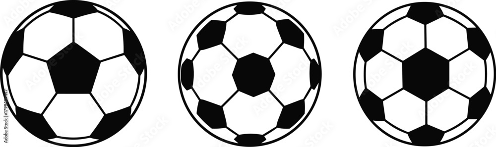 Fototapeta premium Three Classic Soccer Ball Designs Showcasing Unique Panel Patterns, Geometric Variations, and Engineering Styles for Performance, Grip, and Aerodynamic Study