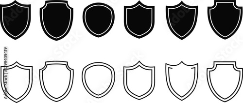 Set of Ten Minimalist Shield Icons in Black and White Variants for Emblem, Logo, or Security-Themed Graphic Design Use