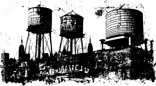 Silhouetted water tanks against a city skyline. Vintage black and white vector illustration with grunge texture, perfect for any design project.