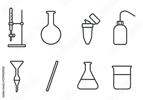 Laboratory equipment icons: beakers, flasks, and test tubes on dark background