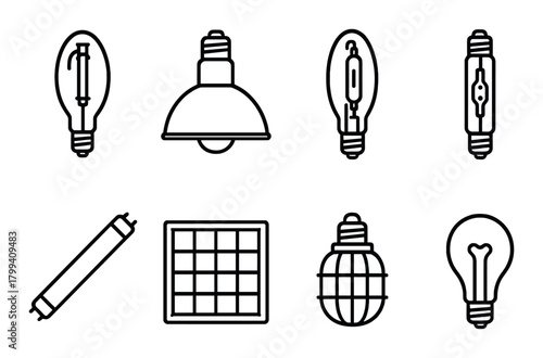 Outline icons of various light bulb designs on dark background