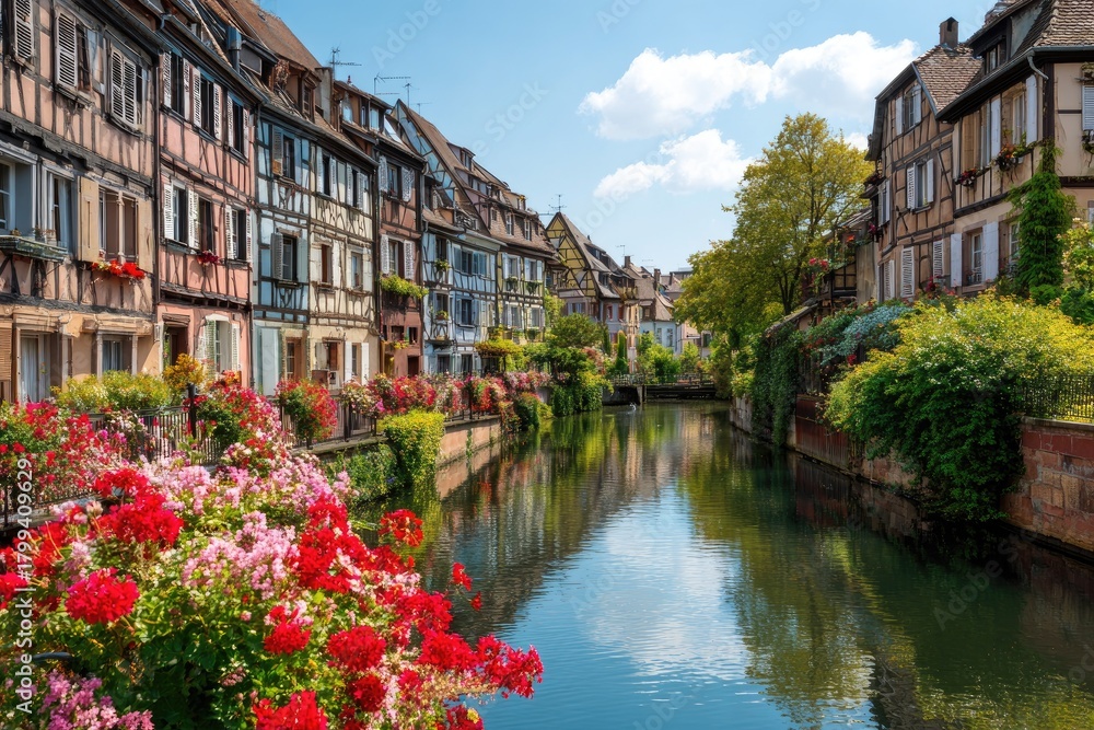 Obraz premium Idyllic waterside view of colorful half-timbered buildings with flower-filled balconies