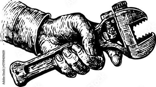 Hand holding a vintage wrench. Detailed black and white vector illustration showcasing tools and craftsmanship.