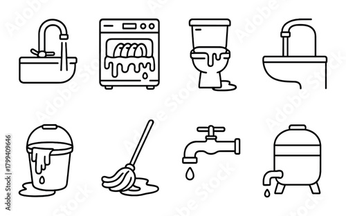 Outline icons of plumbing fixtures: sink, dishwasher, toilet, bucket, mop, faucet, water tank
