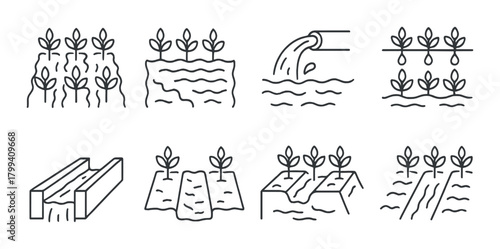 Line art icons depicting various irrigation techniques with plant symbols