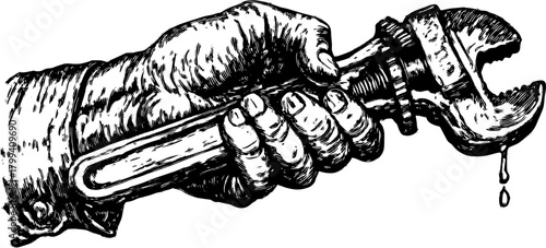 A hand holding a wrench in a black and white detailed illustration. Vintage style tool vector graphic showcasing craftsmanship and design.