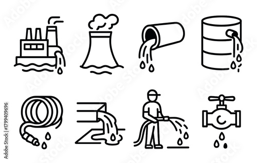 Industrial water pollution icons illustrating waste and environmental impact