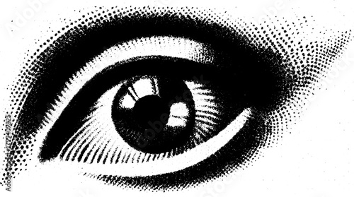 Eye illustration in a black and white design. Featuring detailed contours and a stylish vector element with a minimalist graphic effect.