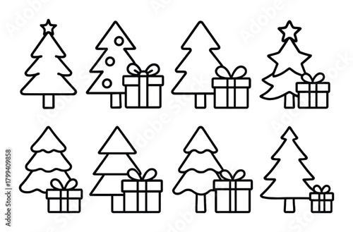 Minimalist christmas tree and gift outline pattern on dark background