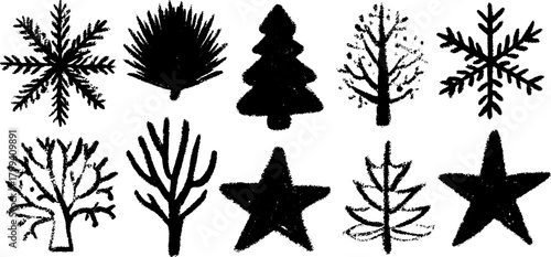 Collection of winter-themed silhouettes: trees, snowflakes, and stars in a minimalist set for vector illustration.