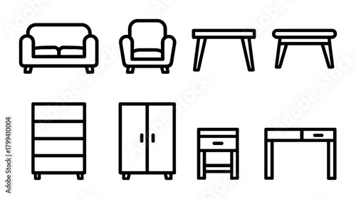 Minimalist furniture icons set featuring sofa, armchair, tables, and cabinet designs