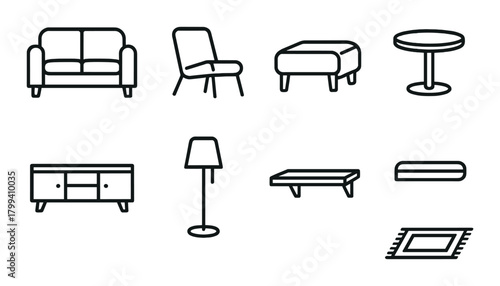 Minimalist furniture icons collection: sofa, chair, table, lamp, cabinet, rug