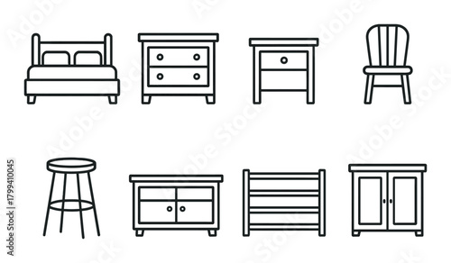 Black silhouette icons of bedroom furniture on dark gradient background