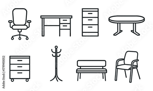Silhouette collection of office furniture with chairs, desk, and table on black background