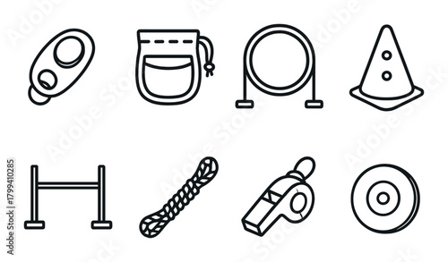 Monochrome sports equipment icons: whistle, rope, cone, hoop, bag