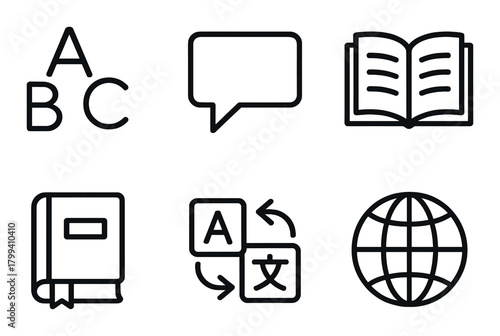 Language learning icons: speech bubble, translation, book, globe, alphabet
