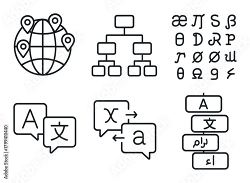 Global linguistics and translation icons with language symbols and communication networks