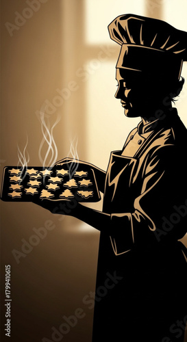 Silhouette of a professional chef holding a steaming tray of fresh delicacies.