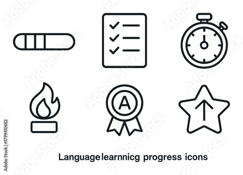 Language learning progress icons: checklist, stopwatch, badge, flame, star