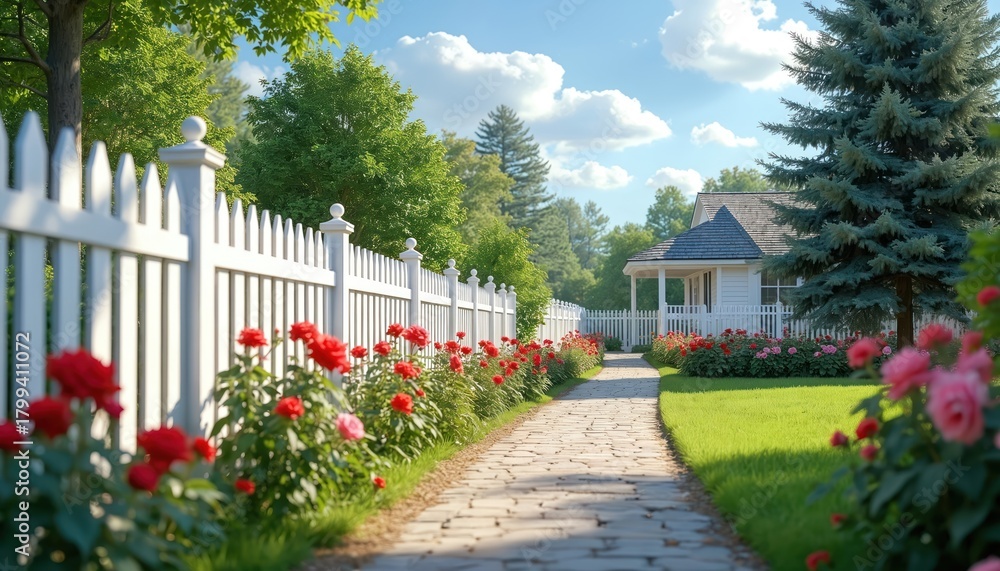 Obraz premium Idylliczne zdjęcie przedstawia urokliwy biały dom za płotem. Kamienna ścieżka prowadzi do rezydencji otoczonej bujnymi kwiatami i zieloną trawą. Malowniczy projekt elewacji domu, piękne zagospodarowanie terenu.