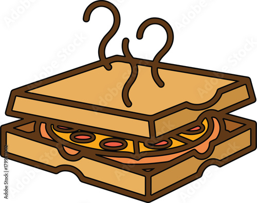 Freshly made hot sandwich vector graphic with steam rising from golden toasted bread and melted cheese filling