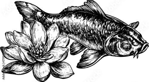 Fish and lily illustration. Black and white outline vintage engraving set for decor or nature-themed vector art.