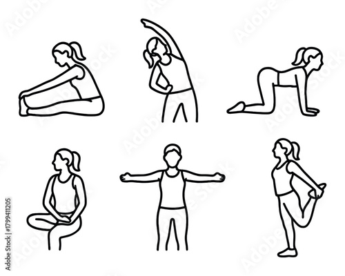 Silhouette yoga poses: female fitness stretches and exercise routine