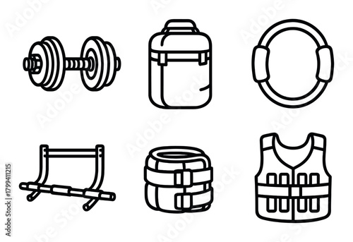 Outlined fitness equipment icons: dumbbell, backpack, resistance band, weighted vest