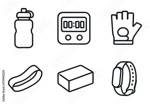 Fitness and sports equipment icons: water bottle, stopwatch, glove, shoe, brick, fitness band