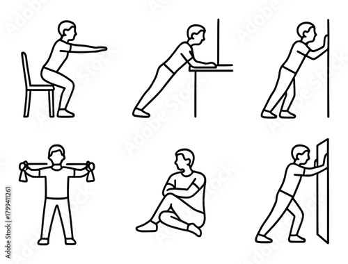 Silhouette illustrations of six calisthenics exercises for strength and flexibility