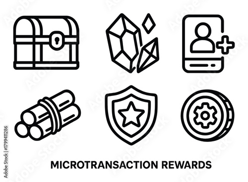 Microtransaction rewards icons: treasure, gems, profile, logs, shield, gear