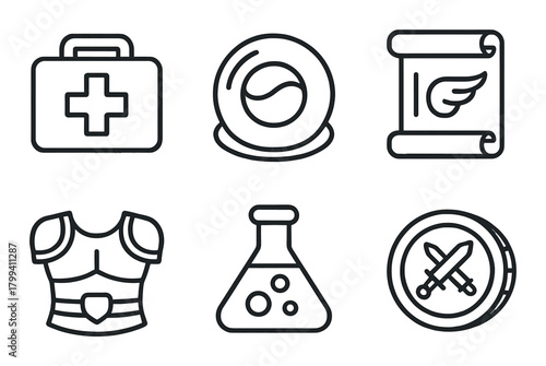 Set of six gaming icons featuring medical kit, potion, scroll, armor, flask, and sword shield
