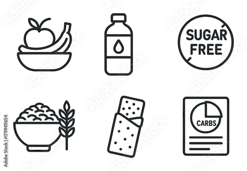 Healthy food icons: fruits, bottle, sugar-free, grains, bar, carbs