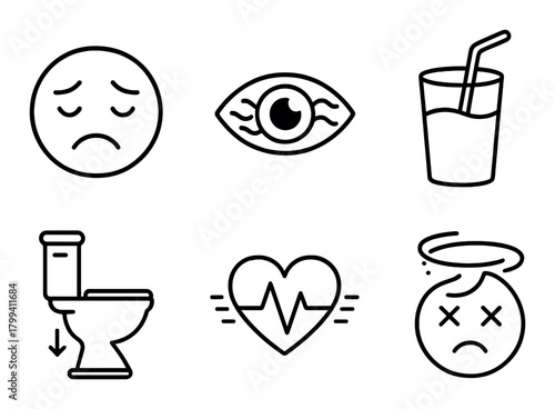 Vector symbols depicting sadness, eye, drink, toilet, heartbeat, and dizzy face