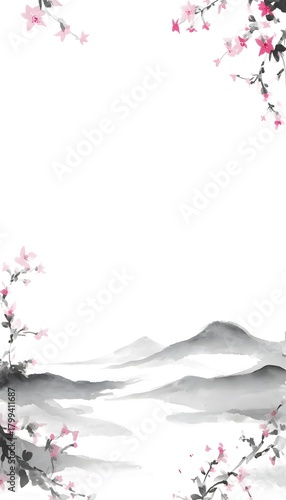 Serene sakura blossoms frame distant mountains an elegant ink wash painting of timeless beauty