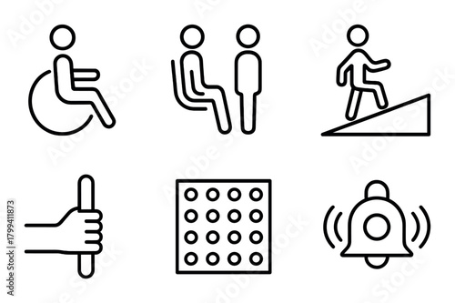 Accessibility symbols: wheelchair, ramp, handrail, tactile, alert icons