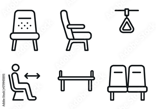 Public transportation seat icons: chair, bench, handle, person, distance symbol