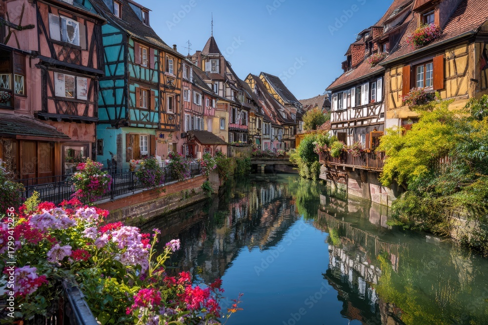 Naklejka premium Picturesque canal scene with colorful, half-timbered buildings and vibrant flowers