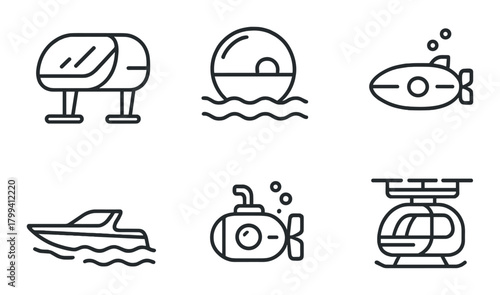 Minimalist icons of futuristic water and air transport vehicles