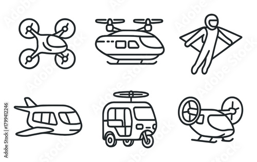 Futuristic air transport icons: drones, helicopters, wingsuits, and airplanes